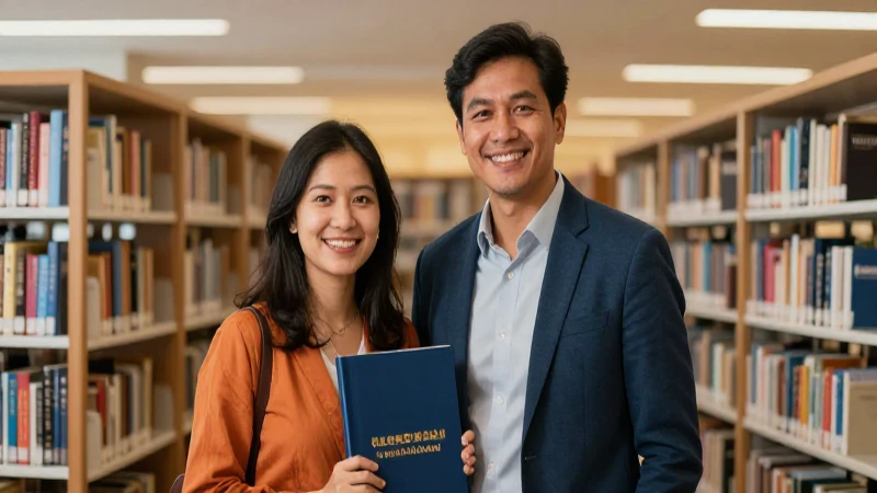 Padre orgulloso con su diploma en biblioteca universitaria