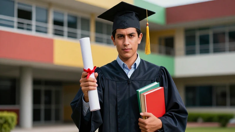 Joven graduada mexicana en campus vibrante con libro y diploma