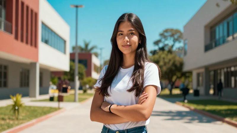 Estudiante mexicano triunfando en campus moderno