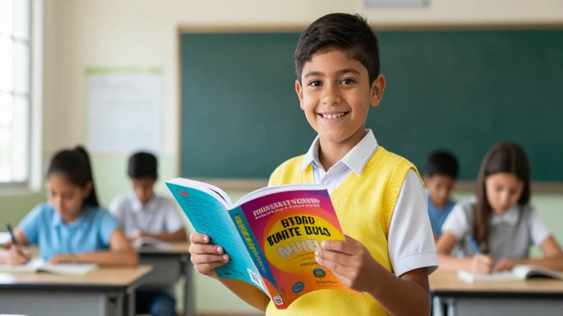 Niño mexicano sonriente en aula brillante y moderna