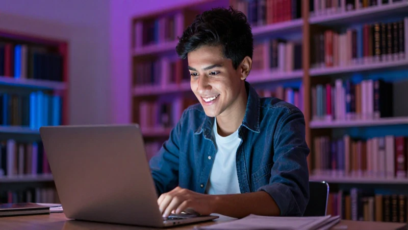 Joven mexicano estudiando con luz de laptop
