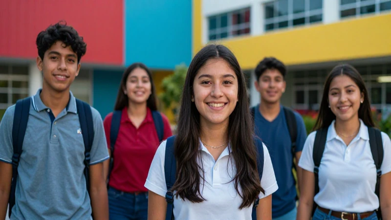Estudiantes mexicanos sonriendo en campus escolar