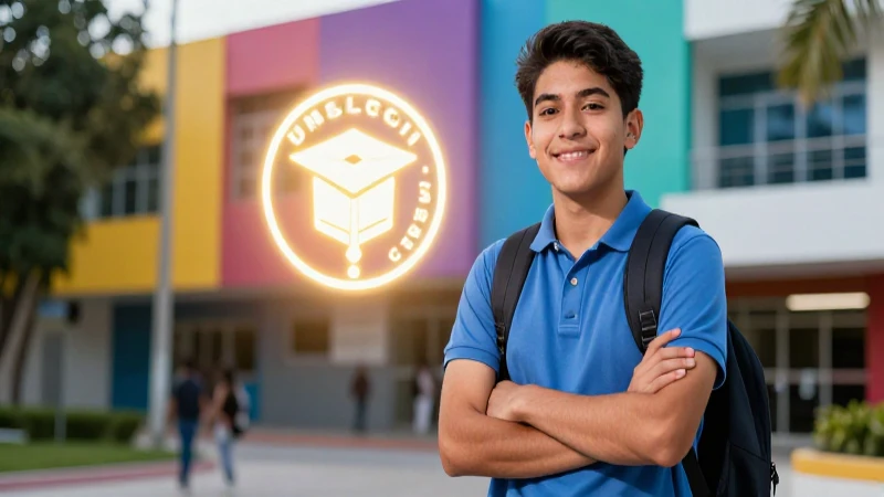 Estudiante mexicano brillante y exitoso en campus moderno