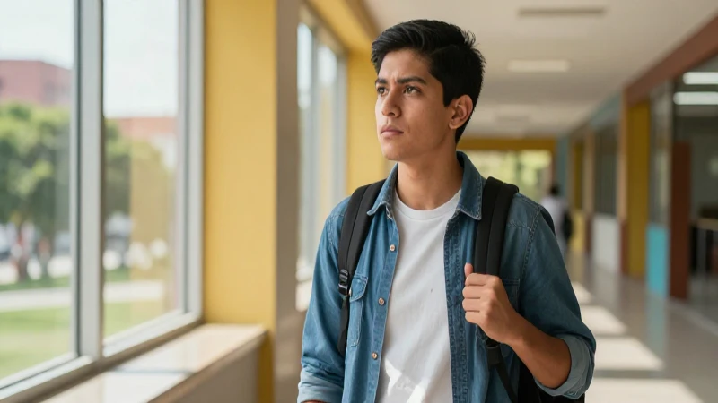 Estudiante mexicano en universidad moderna con luz dorada