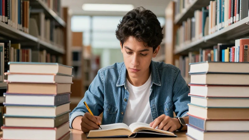 Estudiante brillante estudia en biblioteca iluminada