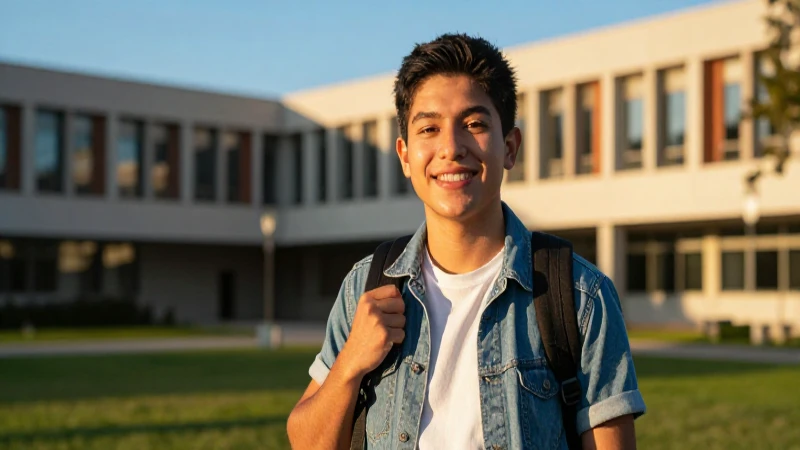 Estudiante mexicano sonriendo en campus al atardecer