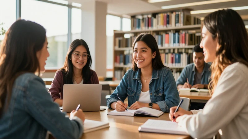 Estudiante mexicana estudia en biblioteca brillante