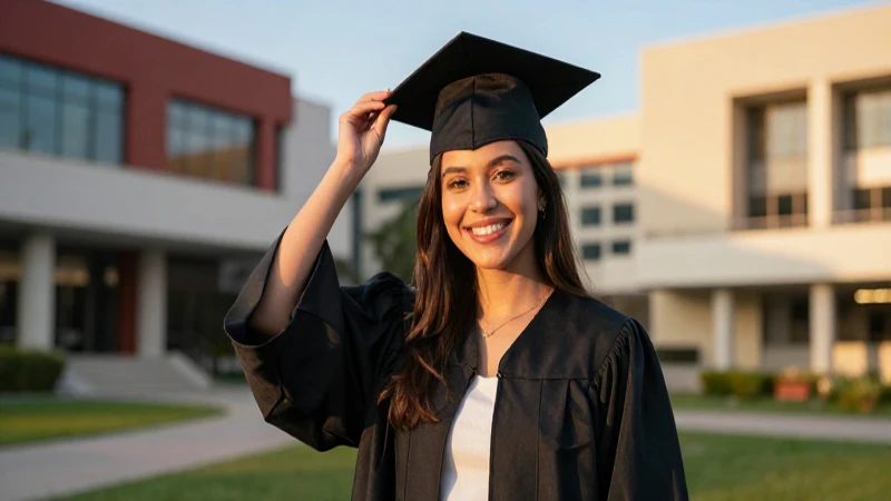 Estudiante mexicano sonriendo con su toga en el campus