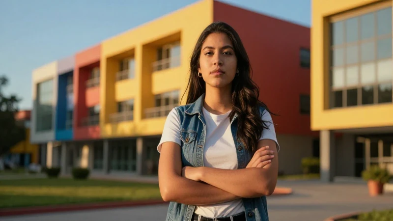 Estudiante mexicano decidido en campus moderno