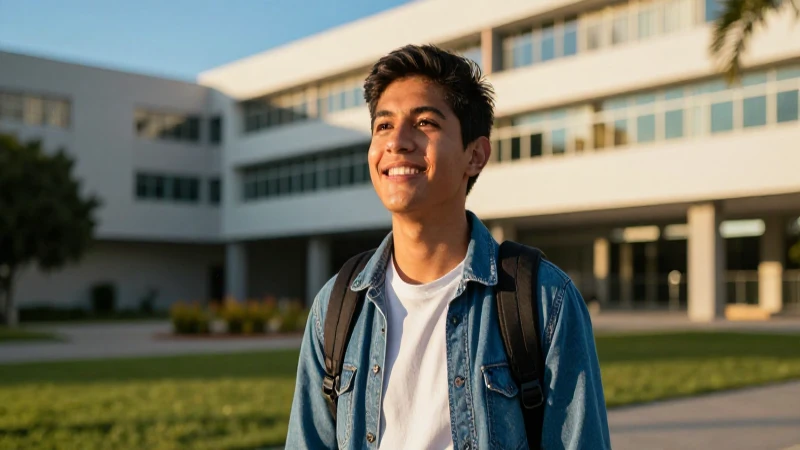 Estudiante mexicano sonriente en campus universitario moderno