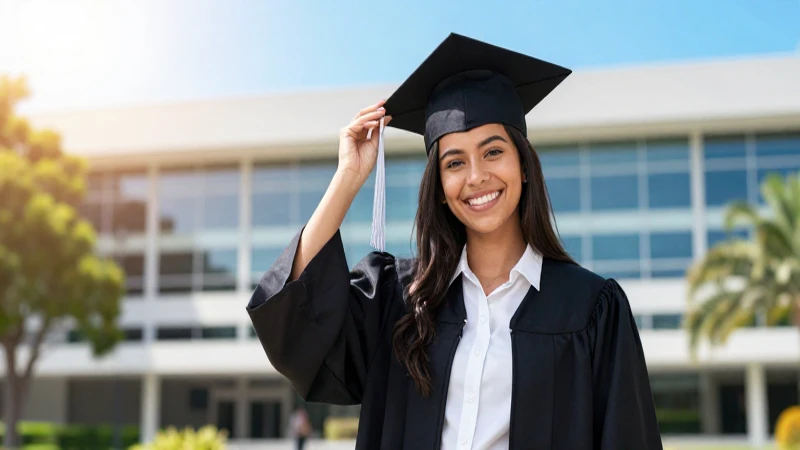 Estudiante mexicano feliz gradúa en campus moderno