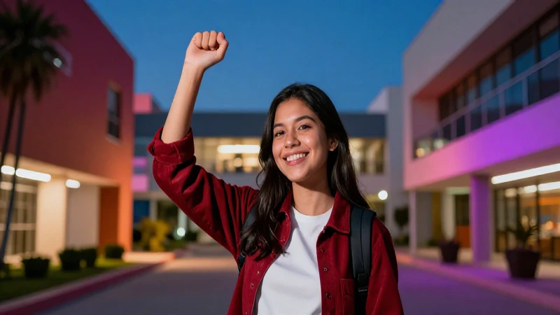 Estudiante vibrante en campus con iluminación dramática