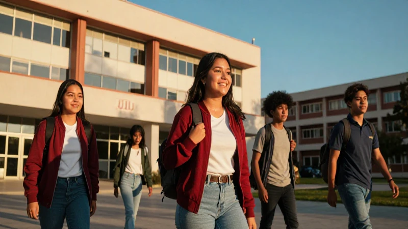 Estudiantes mexicanos vibrantes en campus bajo luz dorada