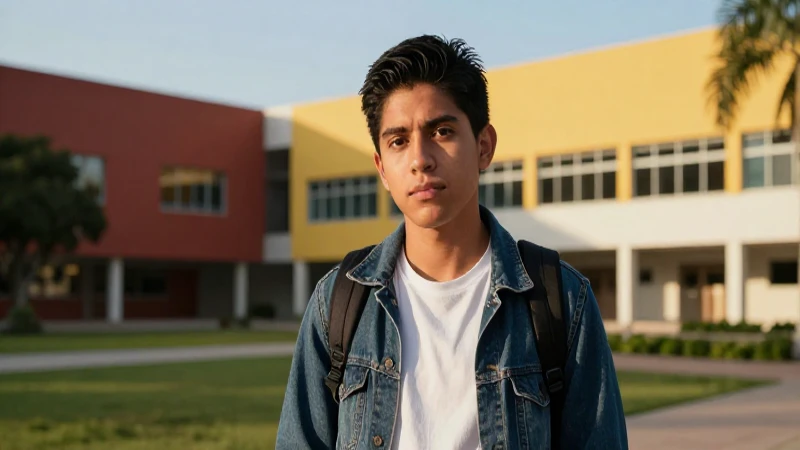 Estudiante mexicano determinado en campus moderno y luminoso
