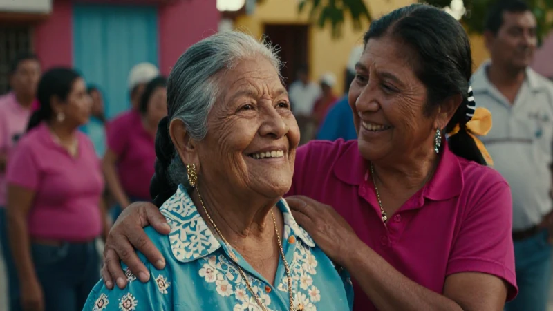 Abuela sonriente rodeada de familia y color mexicano