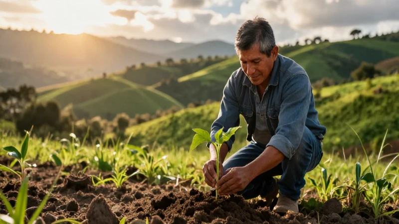 Agricultor mexicano planta semilla en atardecer
