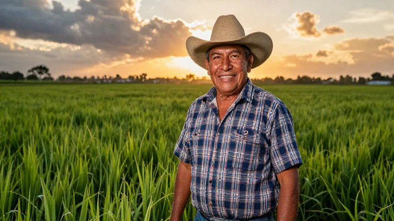 Campesino mexicano sonriendo bajo luz dorada