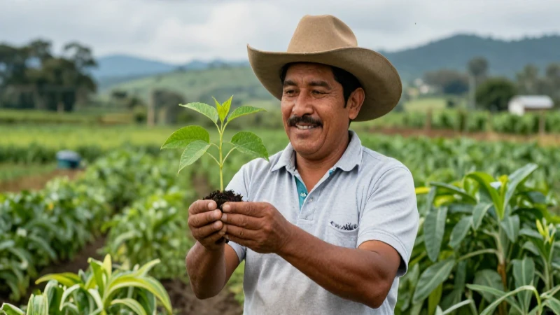 Campesino mexicano sostiene vibrante planta verde