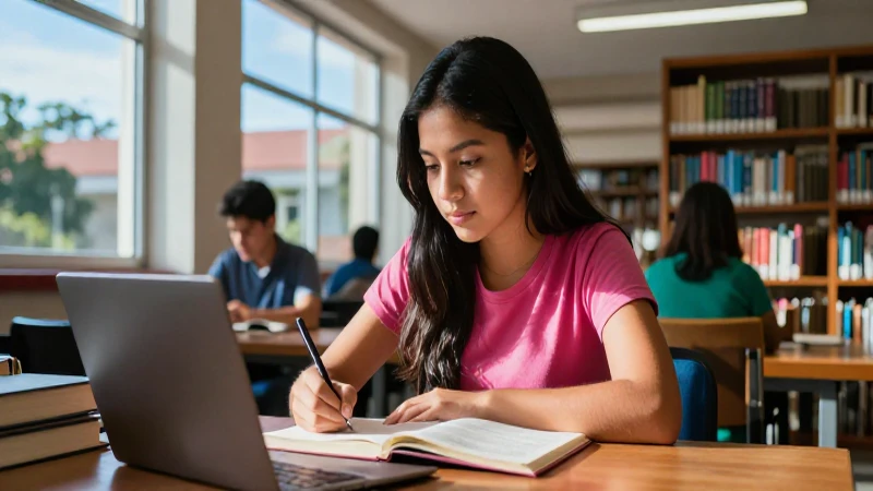 Estudiante mexicano estudiando en biblioteca universitaria