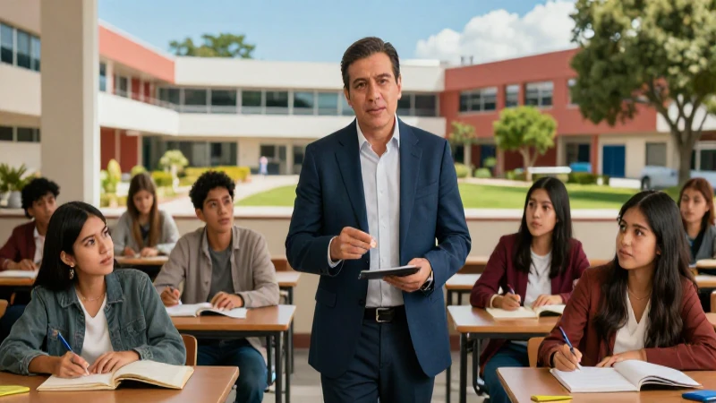 Profesor mexicano guiando estudiantes diversos