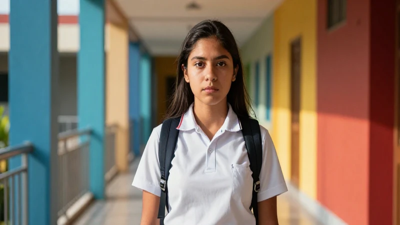 Estudiante mexicano disciplinado avanza por un pasillo brillante