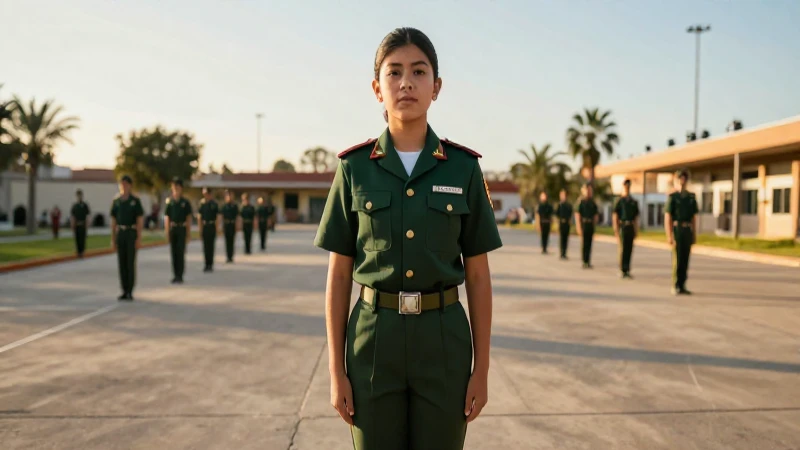 Joven estudiante enfocado en uniforme militar