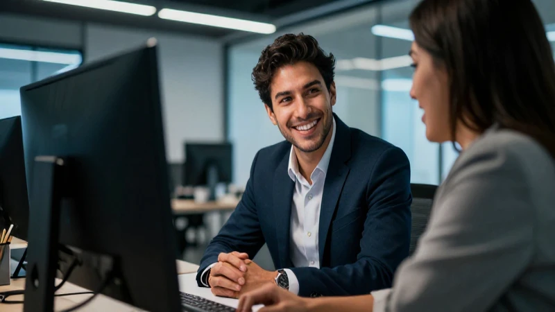 Joven profesional mexicano sonríendo en oficina moderna