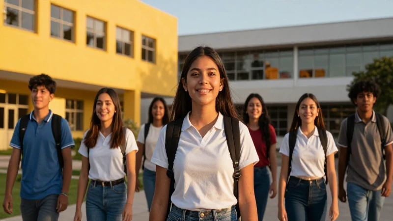 Estudiantes sonrientes en vibrante campus moderno
