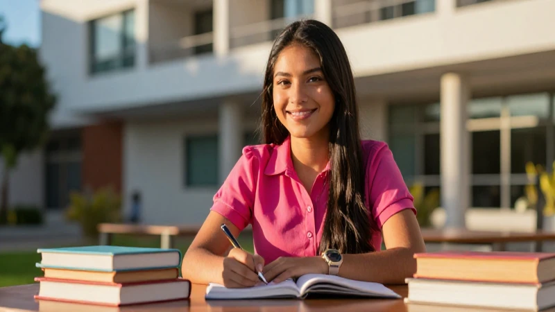 Estudiante mexicana sonriendo en ambiente universitario moderno