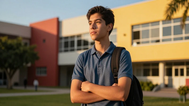 Estudiante mexicano en campus con luz dorada