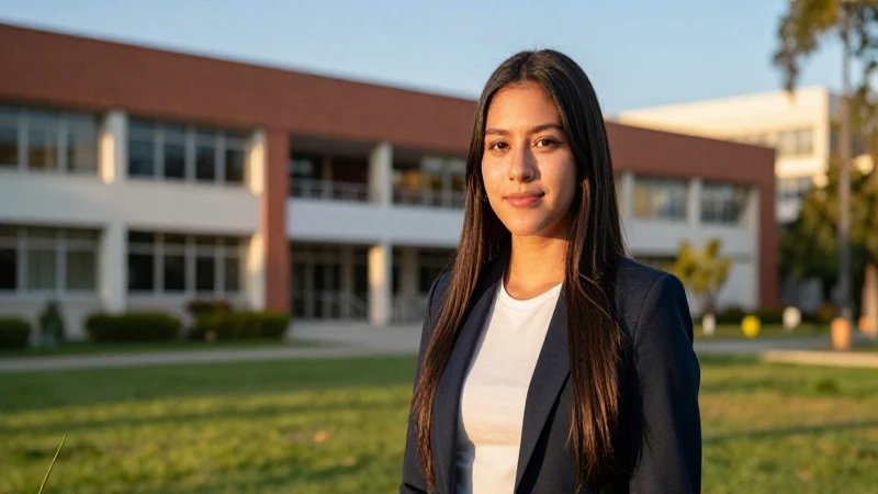Estudiante mexicano exitoso en moderno campus