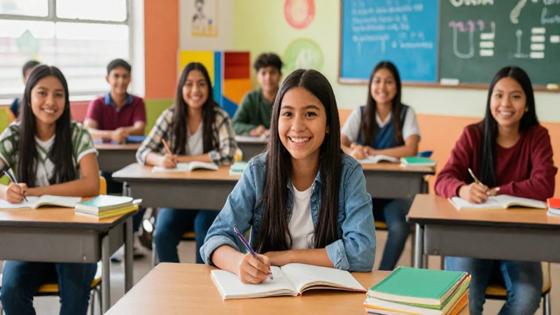 Alumnos mexicanos alegres en clase moderna