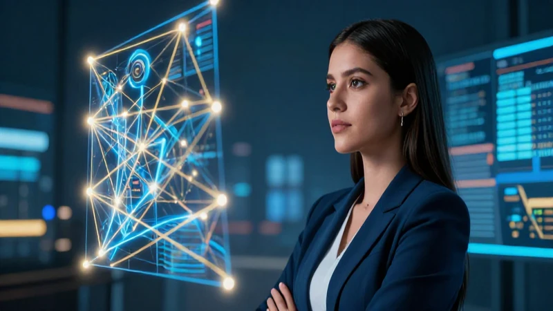 Mujer mexicana frente a red holográfica