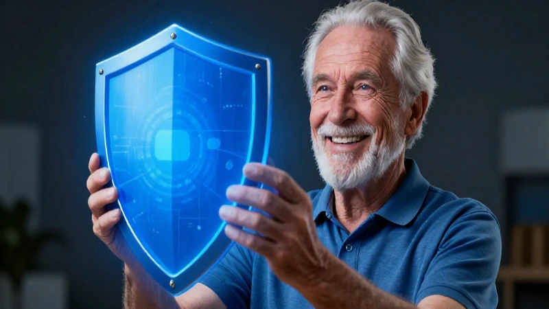 Anciano sonriente con escudo protector azul