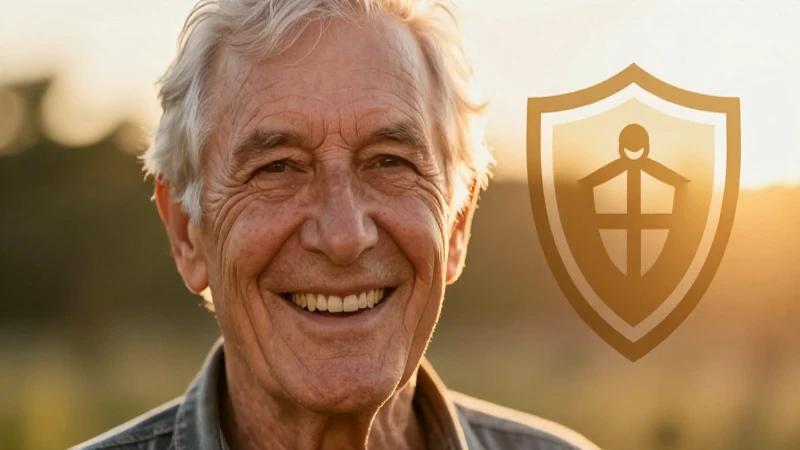 Retrato vibrante de anciano sonriente con protección