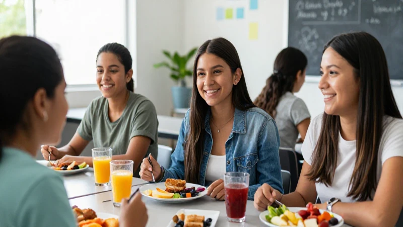 Estudiante mexicano sonríe con desayuno saludable en aula