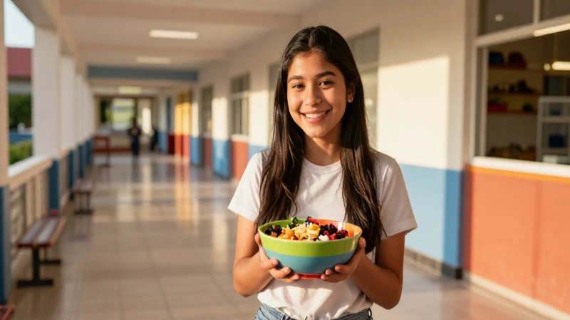 Estudiante mexicano sonríe con desayuno saludable