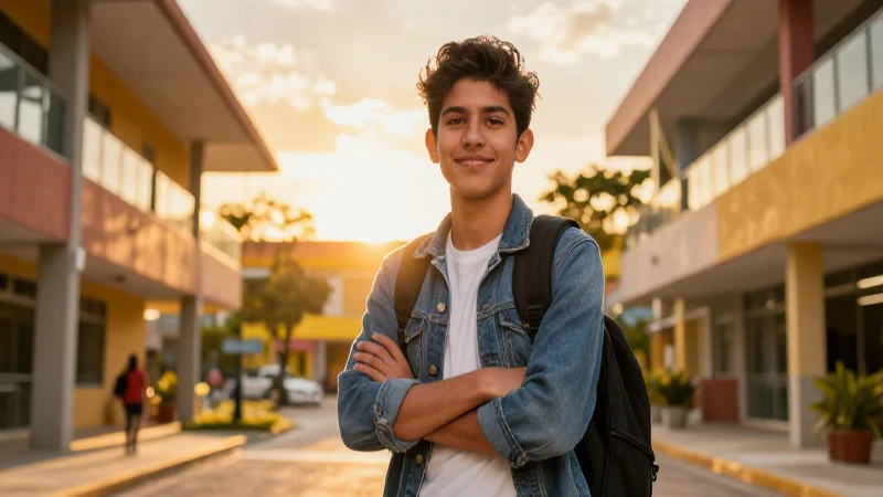 Joven mexicano en campus vibrante y dorado