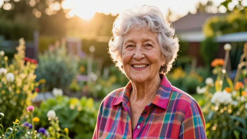 Mujer sonriente en jardín bañado por el atardecer