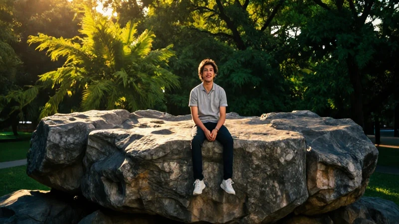 Joven sonríendo en piedra bajo luz dorada