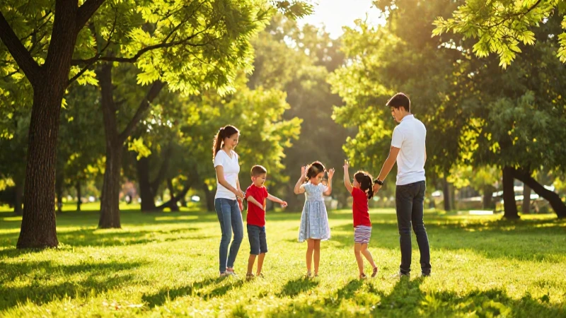 Familia alegre disfruta parque con luz dorada