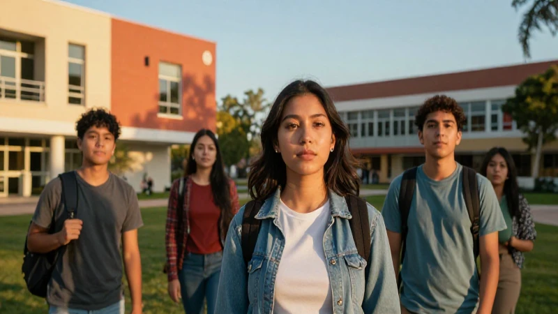 Estudiantes mexicanos en campus vibrante con luz dorada
