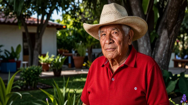 Abuelo mexicano en jardín, imagen de blog profesional