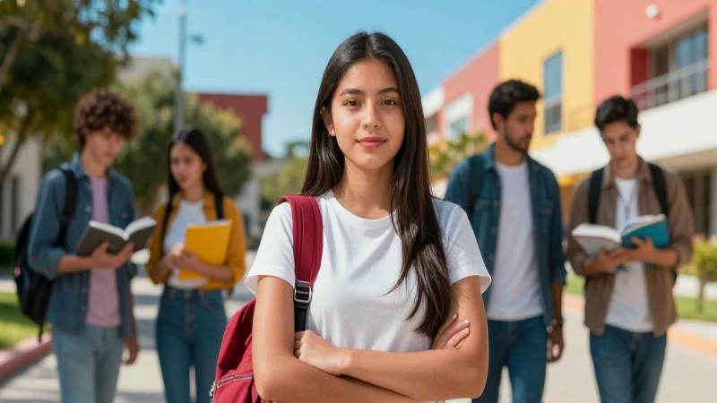 Estudiante mexicano diverso en campus vibrante y moderno
