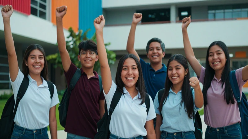 Estudiantes mexicanos celebrando su éxito en un campus vibrante