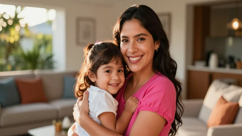 Madre mexicana sonriente abraza a su hijo