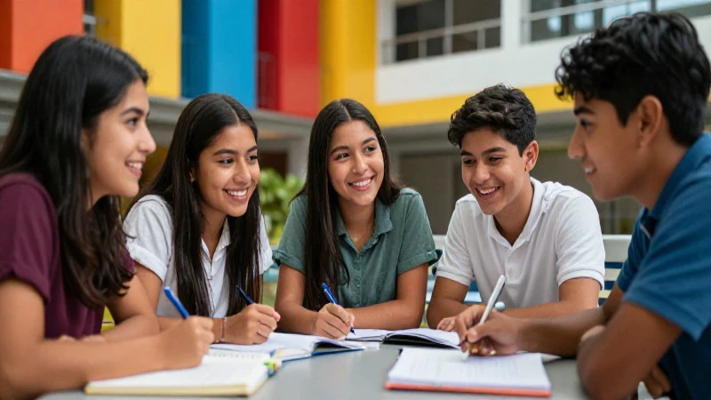 Estudiantes mexicanos estudiando juntos en un campus moderno