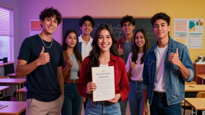 Estudiantes mexicanos celebrando sus logros en un aula moderna