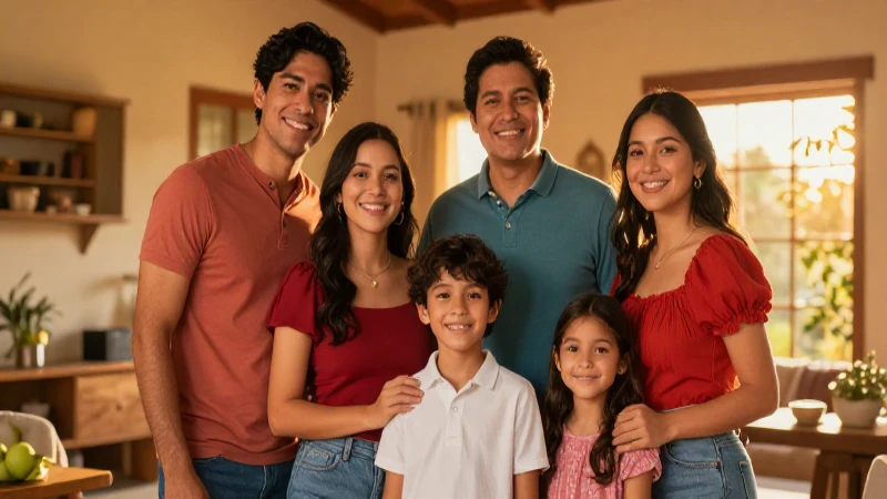 Familia mexicana feliz bajo luz cálida y vibrante