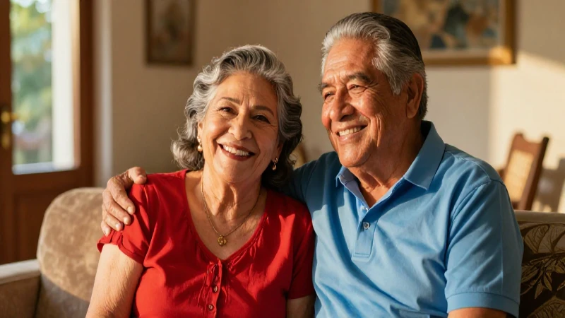 Pareja mexicana sonríe feliz en casa luminosa